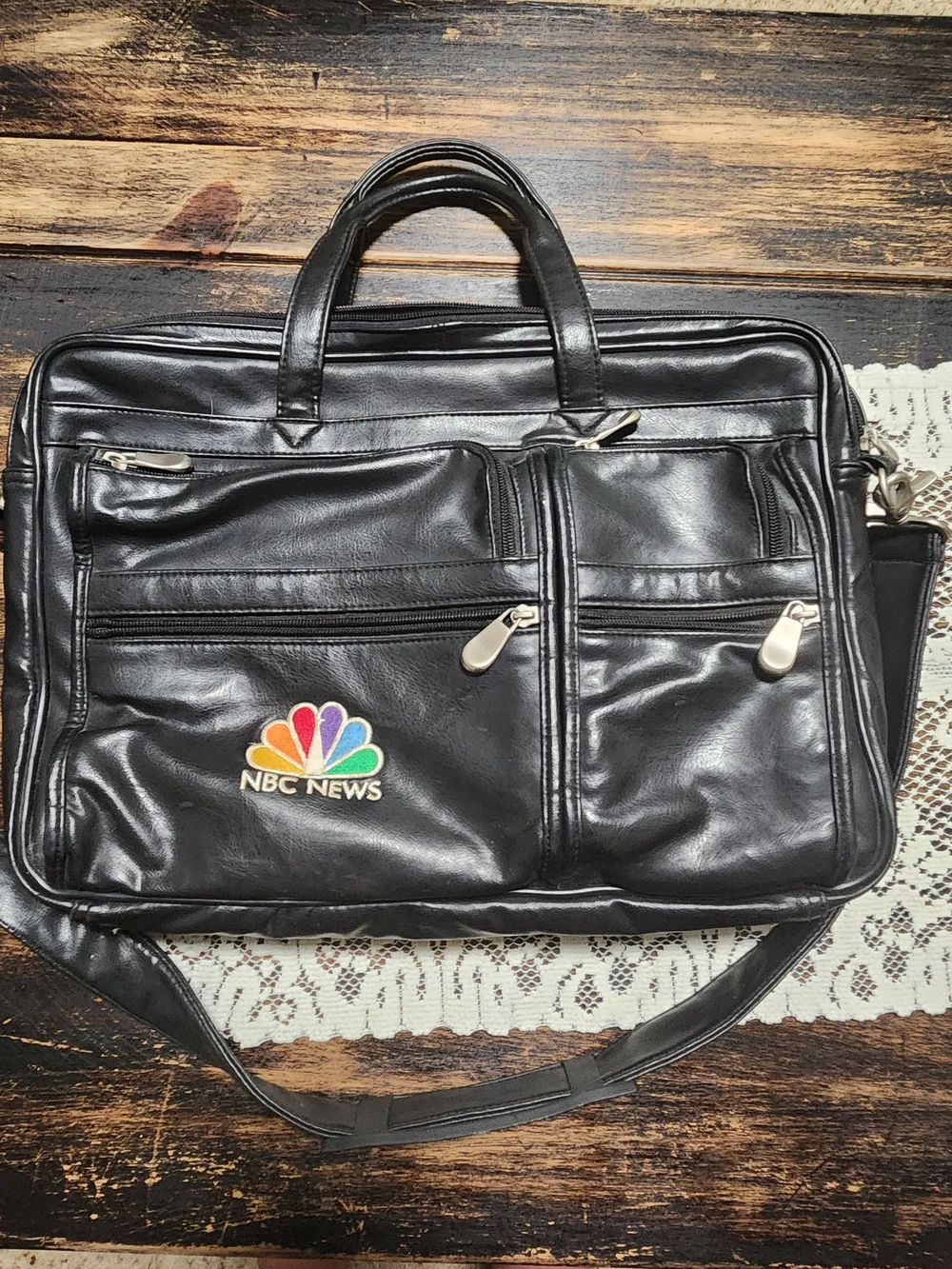 Vintage NBC News Employee Leather Briefcase Laptop Bag - EUC W/ Strap
